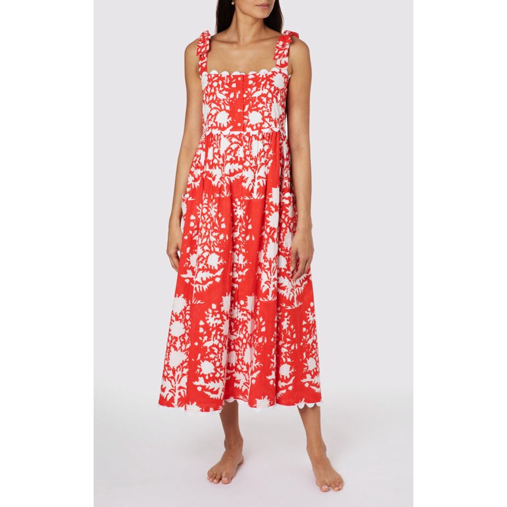 Juliet Dunn Tuckernuck Tie Shoulder Palladio Print Midi Dress Red White NWOT